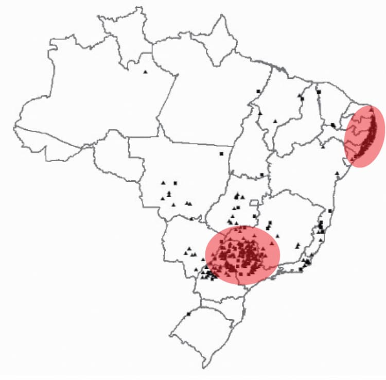 Localização das usinas de açúcar e bioetanol no Brasil