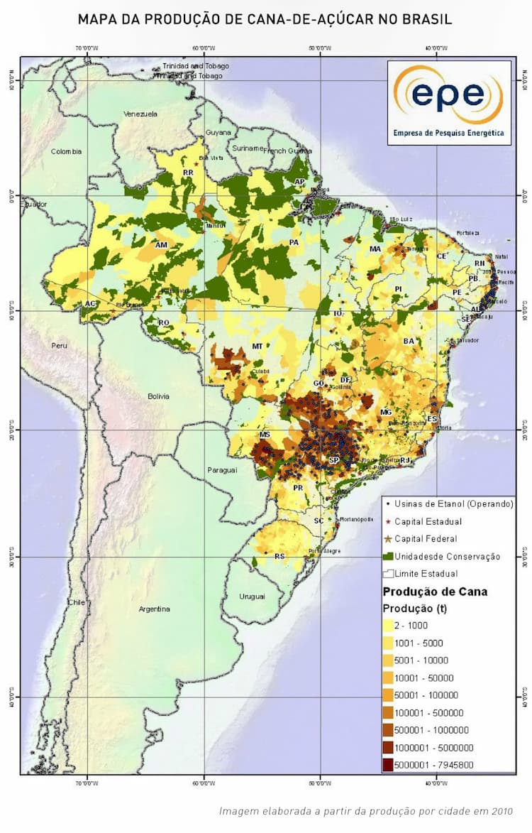 Mapa da produção de cana-de-açúcar no Brasil com usinas como referência