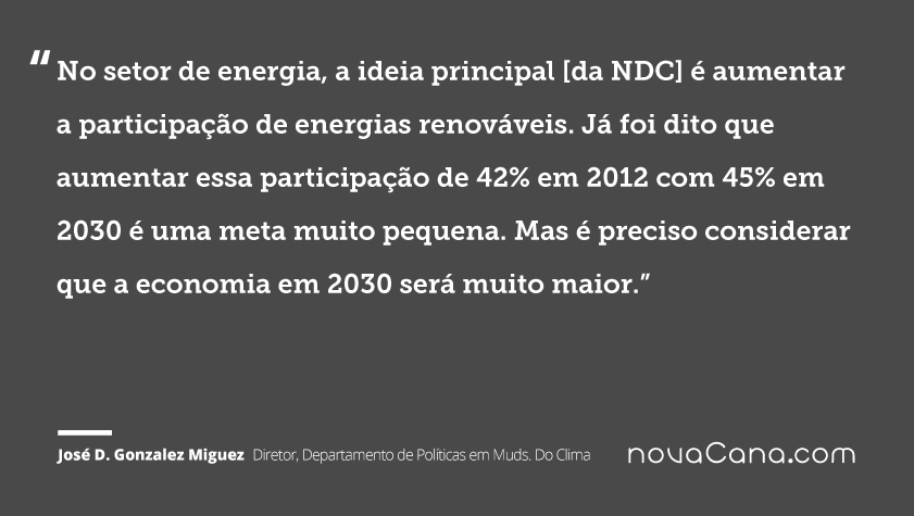 No setor de energia, a ideia principal [da NDC] é aumentar a participação de energias renováveis. Já foi dito que aumentar essa participação de 42% em 2012 com 45% em 2030 é uma meta muito pequena. Mas é preciso considerar que a economia em 2030 será muito maior
