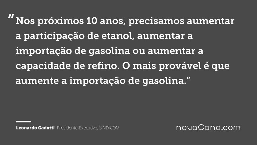 Nos próximos 10 anos, precisamos aumentar a participação de etanol, aumentar a importação de gasolina ou aumentar a capacidade de refino. O mais provável é que aumente a importação de gasolina