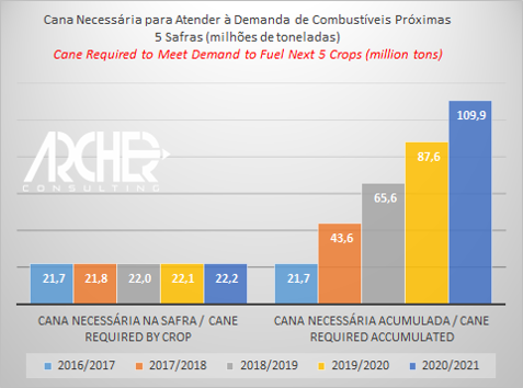 Cana necessária para atender à demanda de combustíveis nas próximas cinco safras