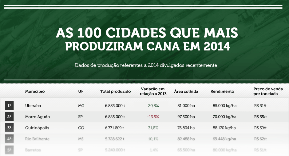As cidades que mais produzem cana-de-açúcar no Brasil