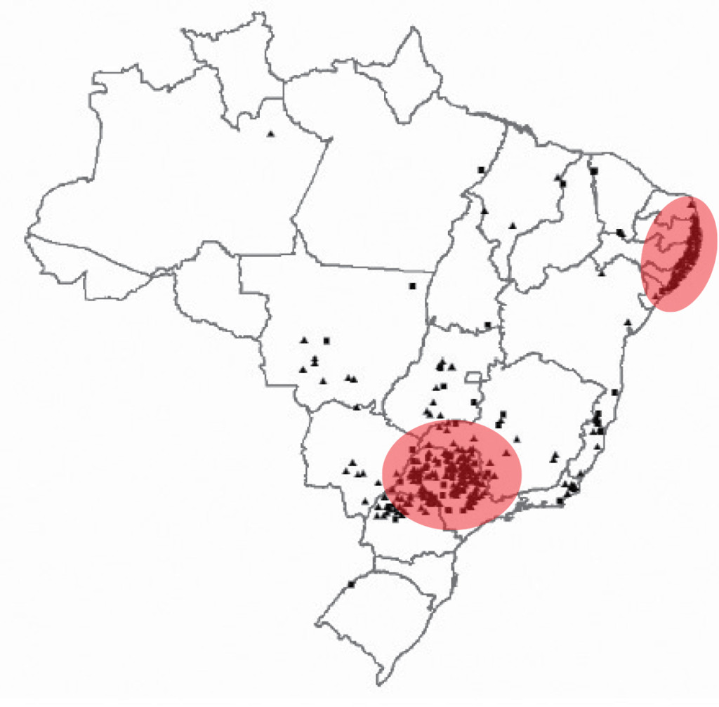 Localização das usinas de açúcar e bioetanol no Brasil