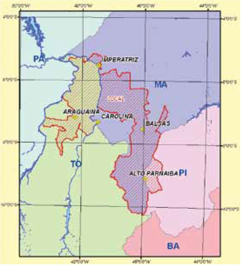 Detalhe da localização da Área 10 nos estados do Tocantins, Maranhão e Piauí (hachuras em vermelho)