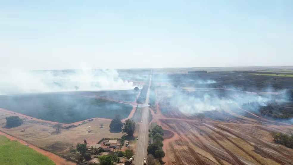 Incêndio atinge canavial e área de preservação ambiental em Santa Albertina (SP)